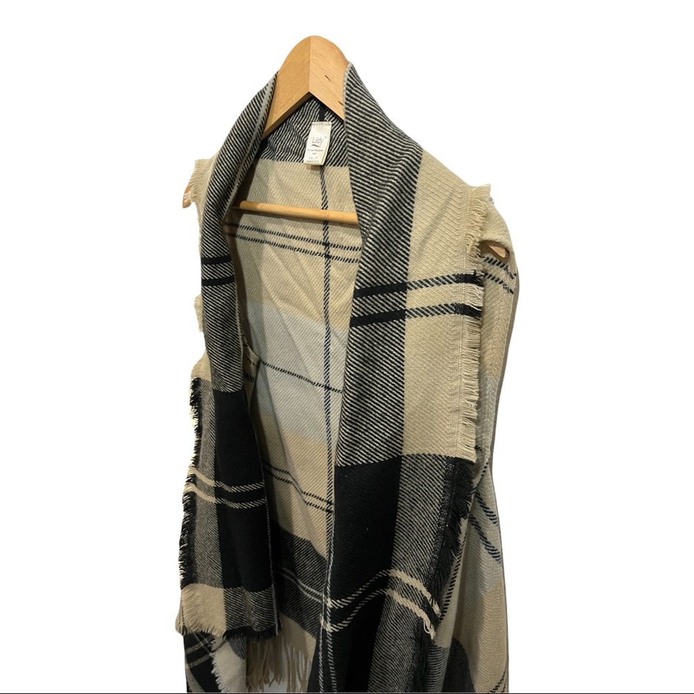 LILDY PLAID BEIGE AND BLACK FRINGED OPEN FRONT WATERFALL CARDIGAN VEST SZ L/XL - Picture 6 of 11